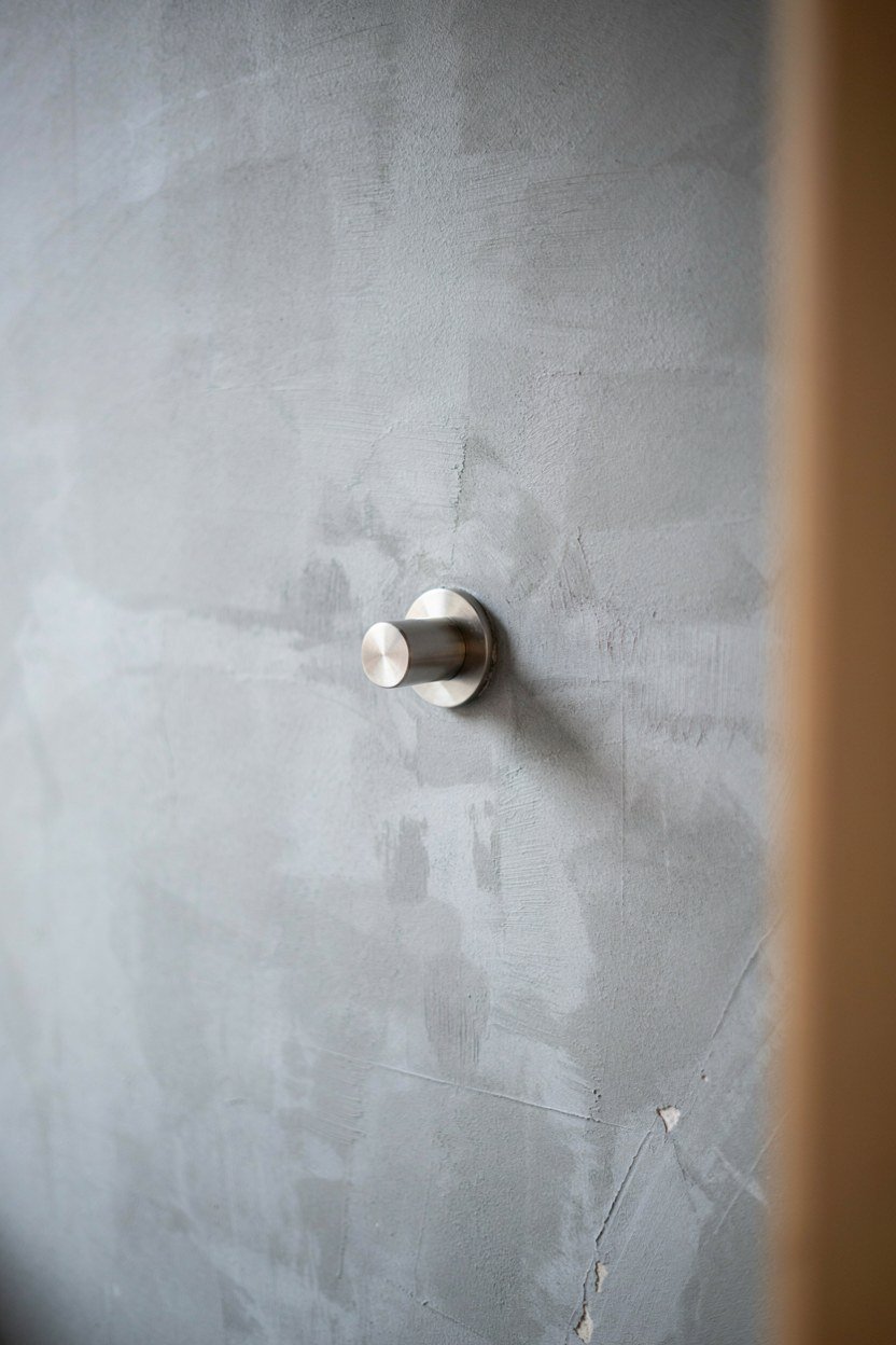 Matt limewashed wall behind a reflective light fitting