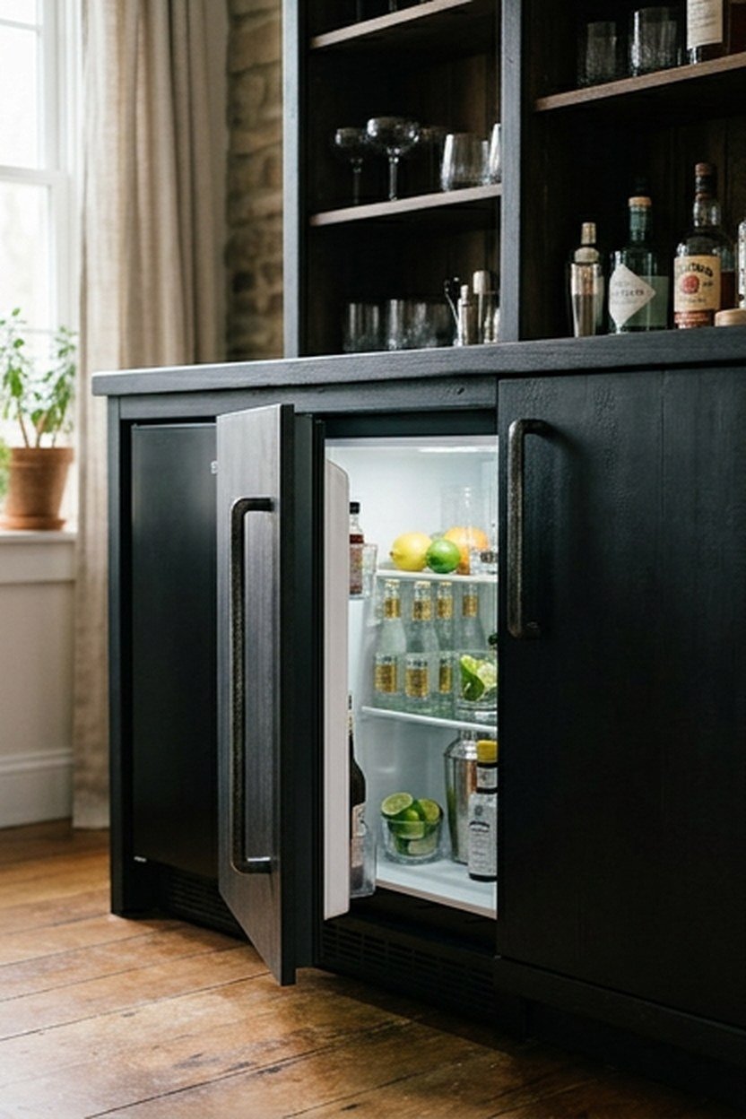 A matte black bar cabinet with a hidden refrigerator built into the base