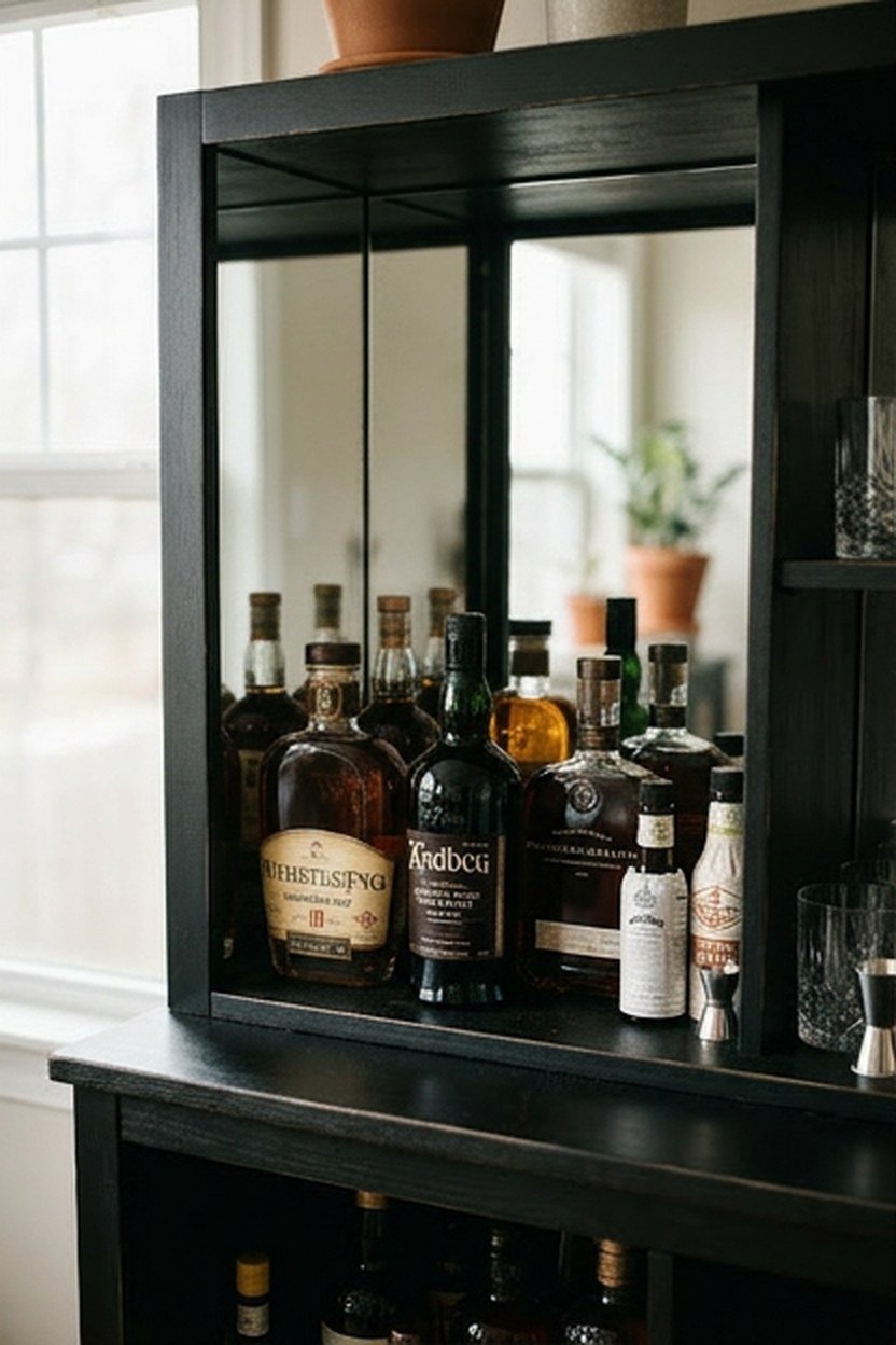 A matte black bar cart with brass hardware and trim accents