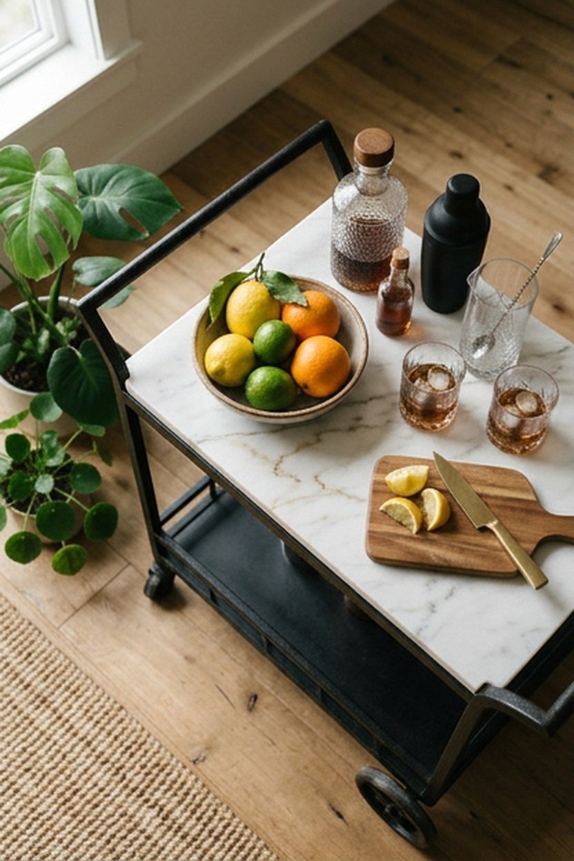 A matte black bar cart with a genuine marble top surface