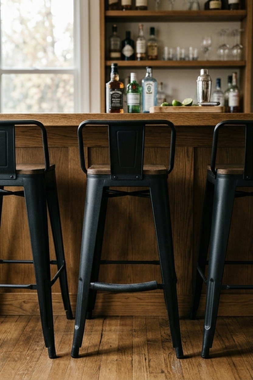 A pair of matte black bar stools at a standing height mini bar