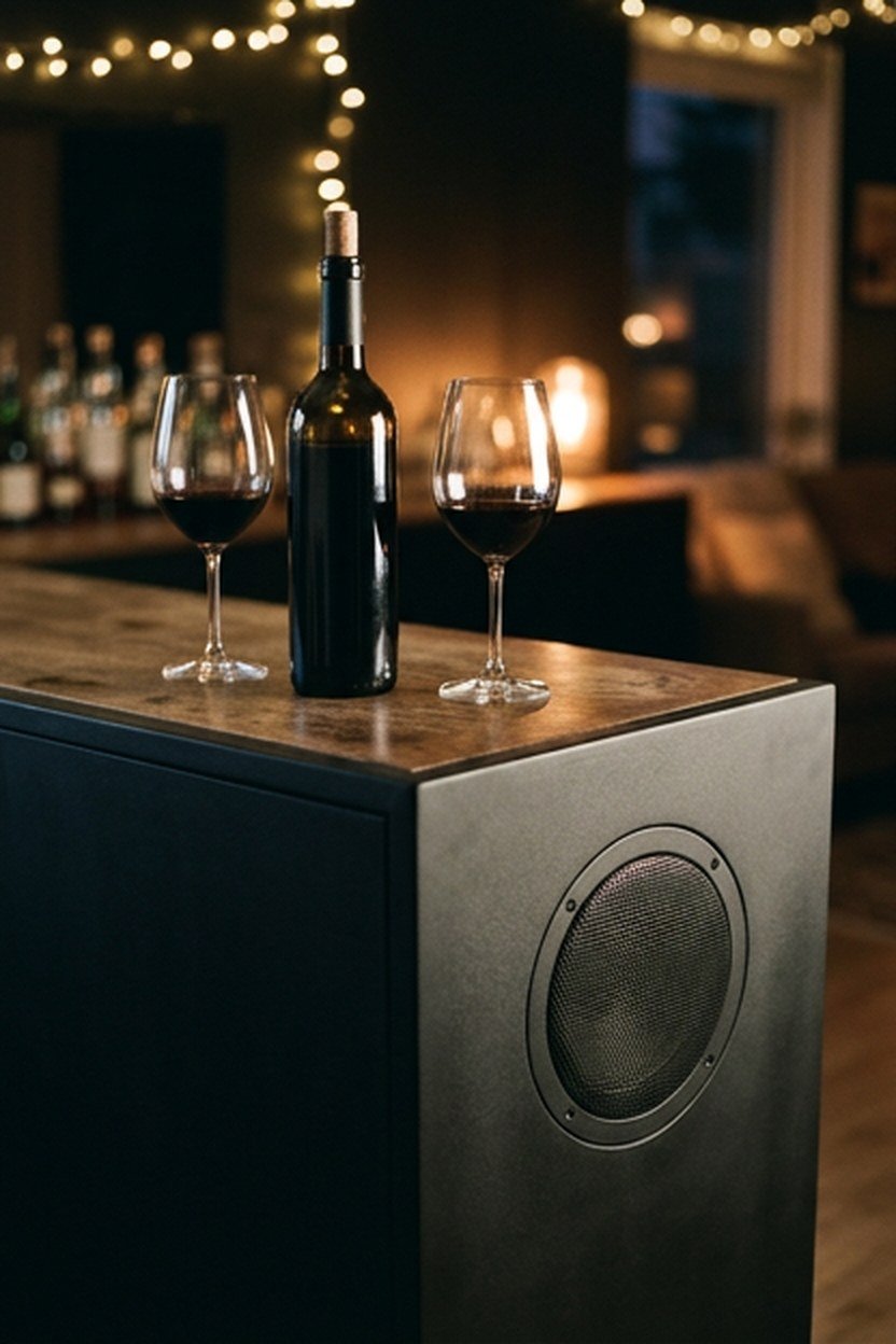 A matte black bar unit with an integrated Bluetooth speaker