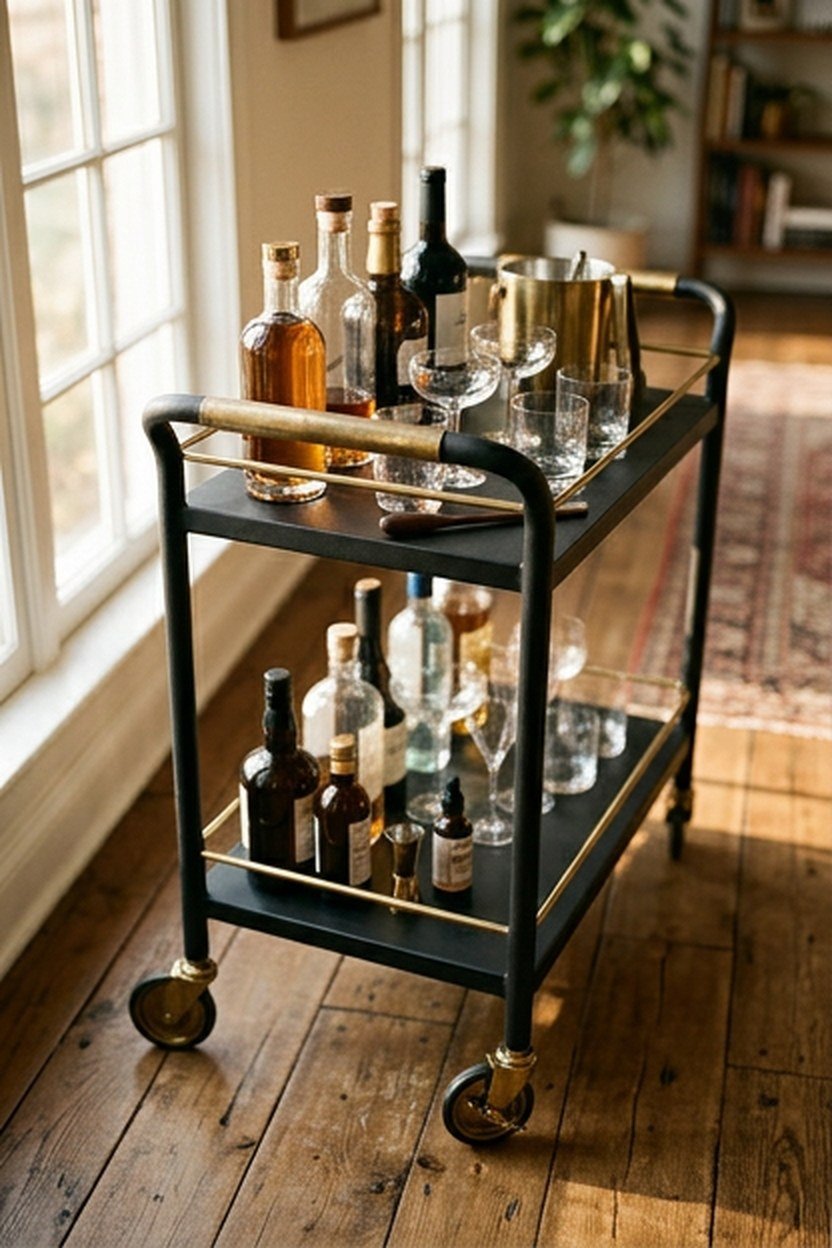 A matte black corner bar unit fitted into an apartment corner