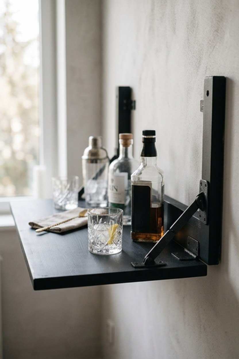 A matte black foldable bar unit mounted to an apartment wall