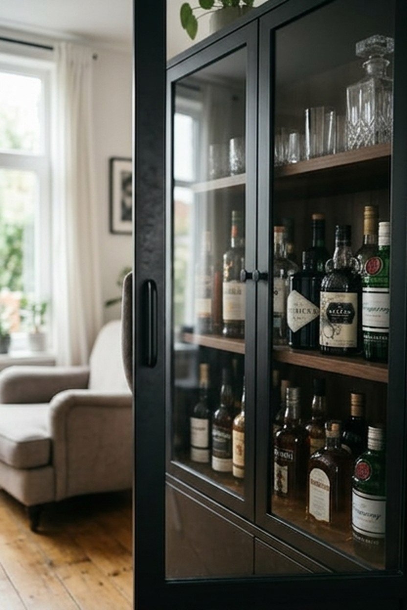 A matte black bar cabinet with tempered glass door fronts