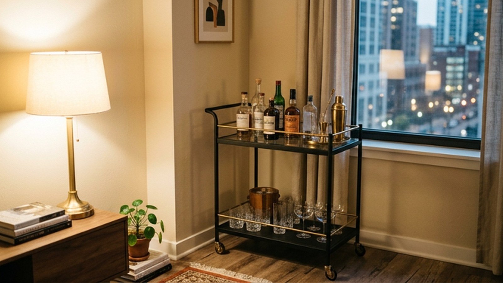 A sleek matte black mini bar cart with brass accents in a small apartment