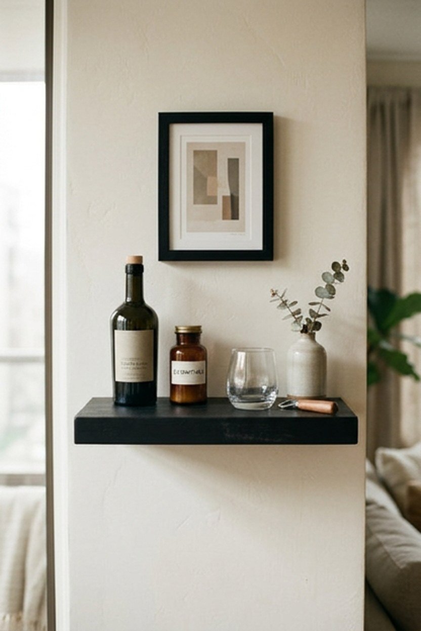 A minimalist single matte black floating shelf bar ledge