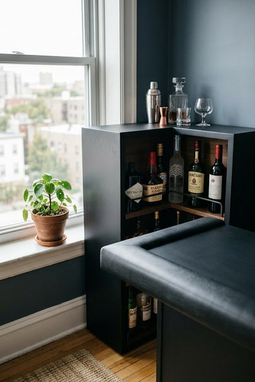 A matte black bar cabinet with a mirrored back panel