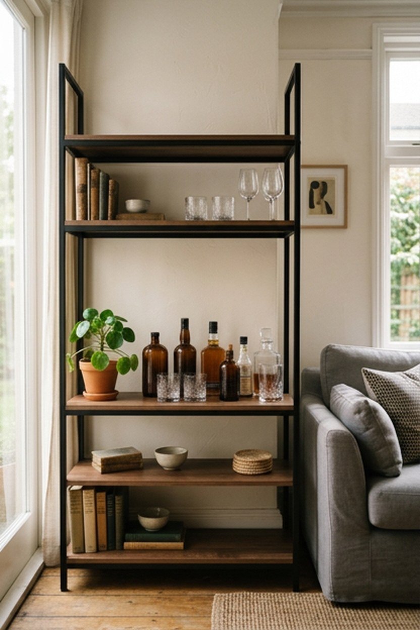 An open matte black shelving unit displaying bottles and glassware