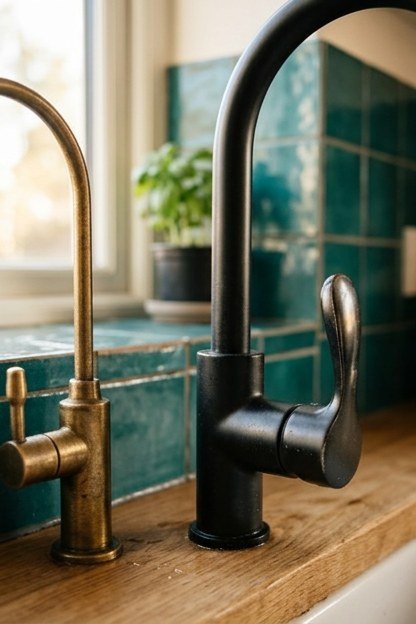 Matte black faucet and fixtures paired with teal tile in an attic bathroom
