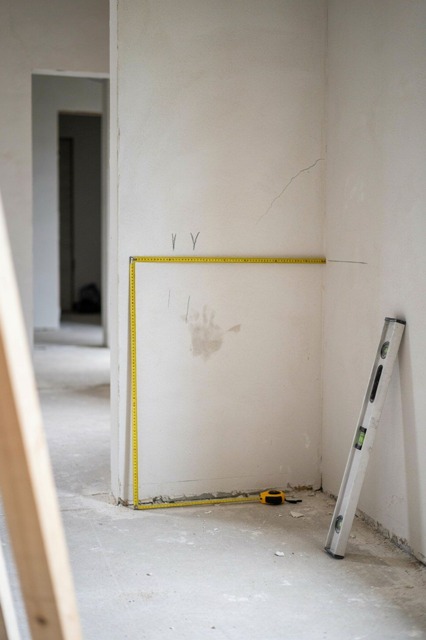 Tape measure held across an empty laundry alcove