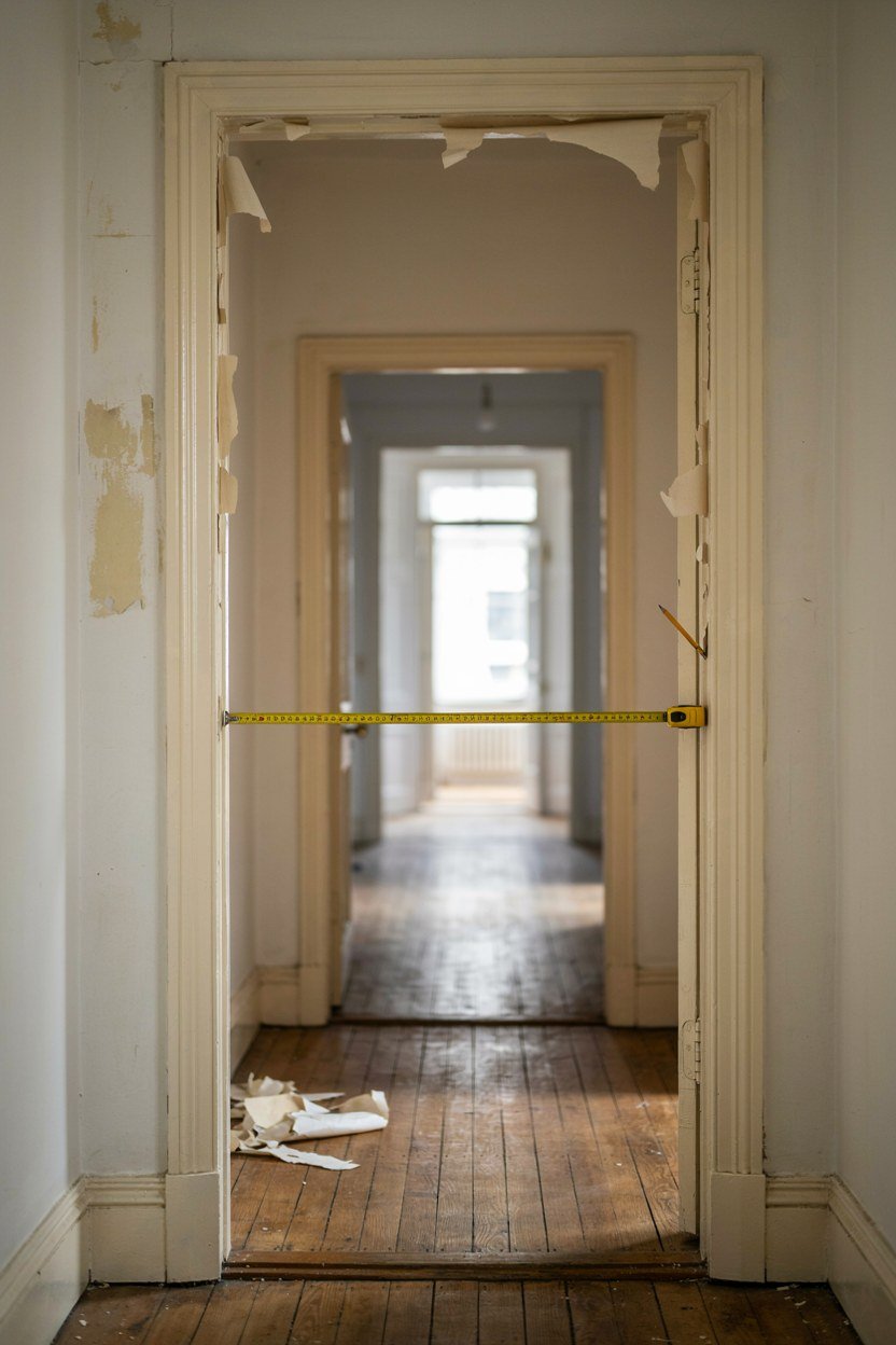 A tape measure held across a stripped doorway opening during setting out