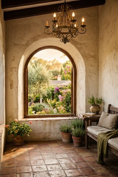 A Mediterranean style sunroom addition with arched window openings and terra cotta flooring