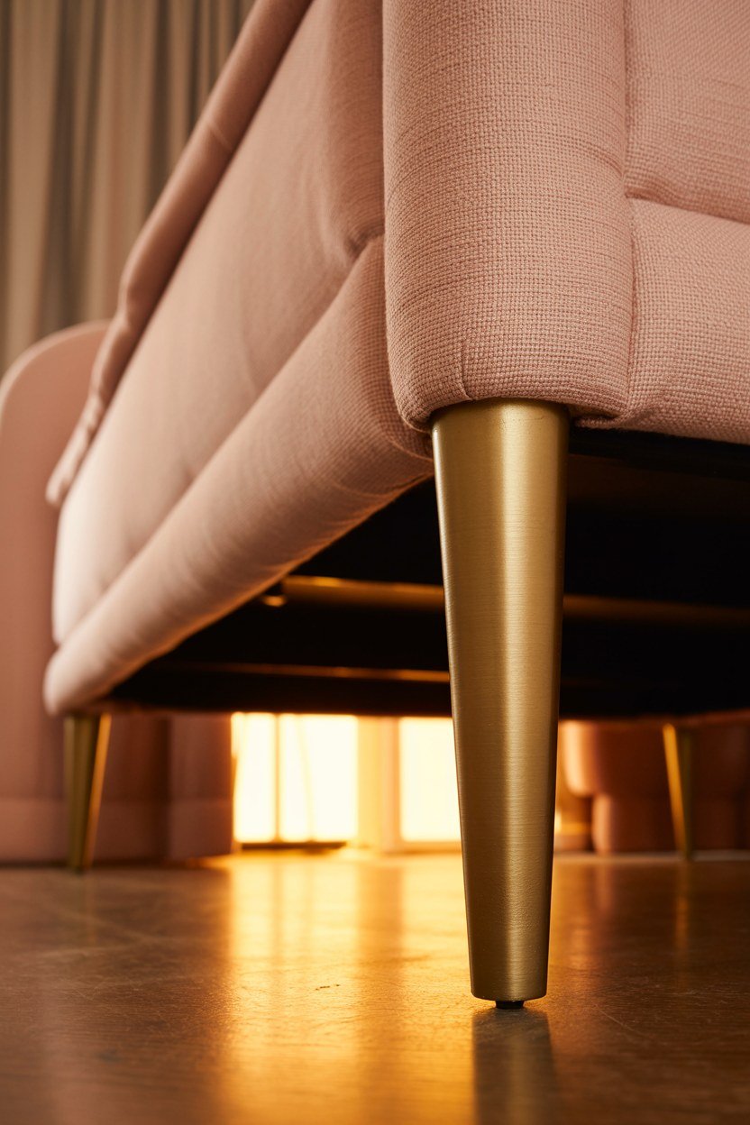 An upholstered bed frame standing on slim tapered gold legs