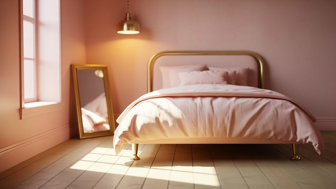 A luxury kids bedroom with brass hardware, a gold framed mirror and a pendant light