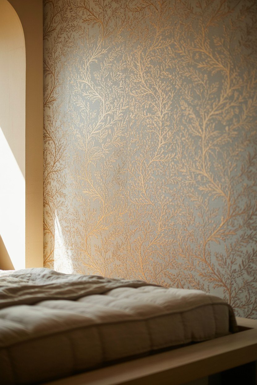 A soft botanical metallic wallpaper on one feature wall behind a bed