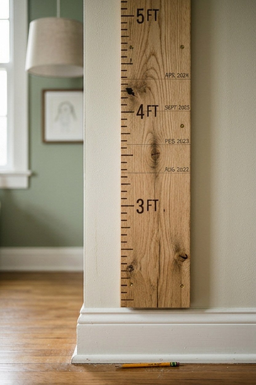 A mid century modern growth chart mounted on a kids bedroom wall