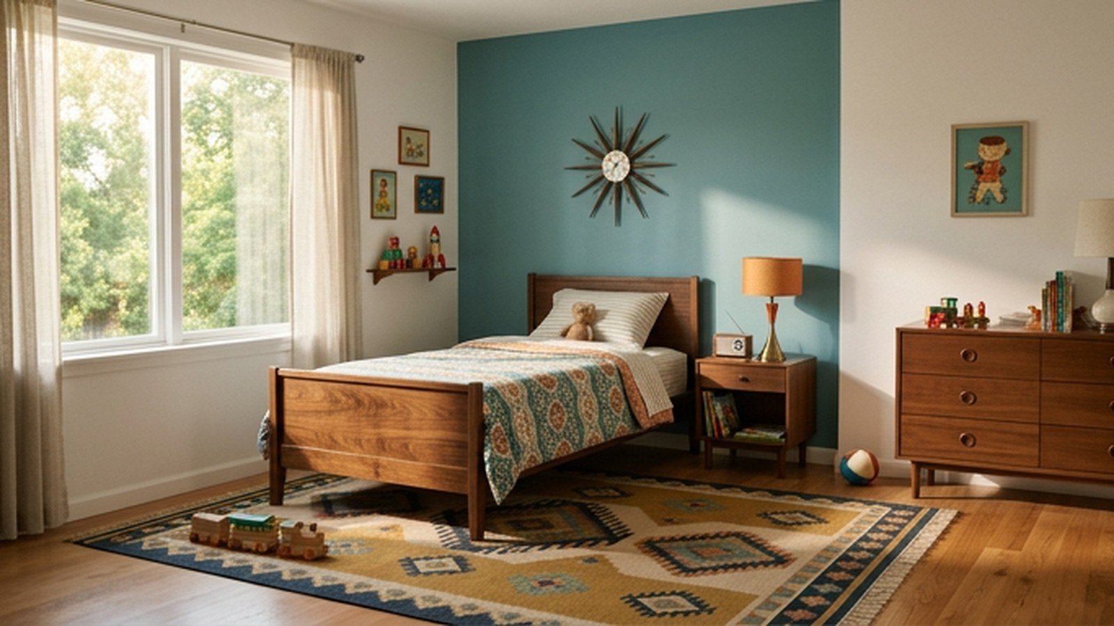 A mid century kids bedroom with a walnut bed frame and geometric rug