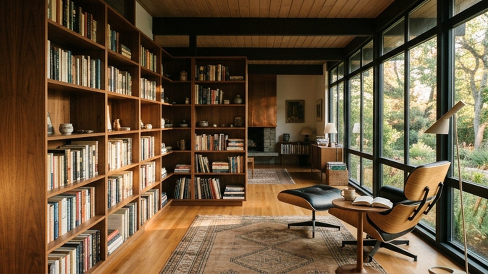 A mid-century modern home library with walnut shelving and a molded plywood chair