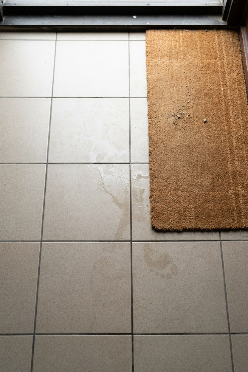 Mid tone porcelain tile floor with a long coir doormat inside a door