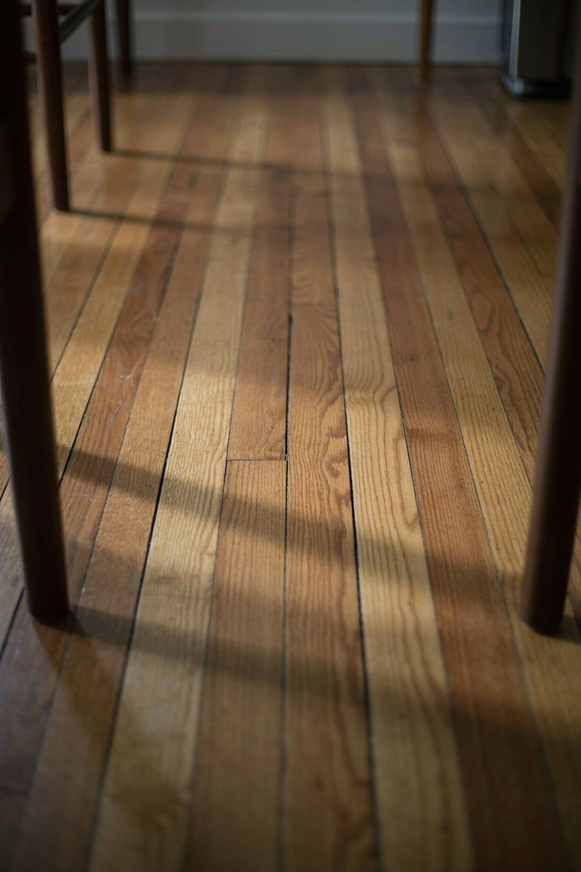 Mid tone timber floorboards running the length of a dining room