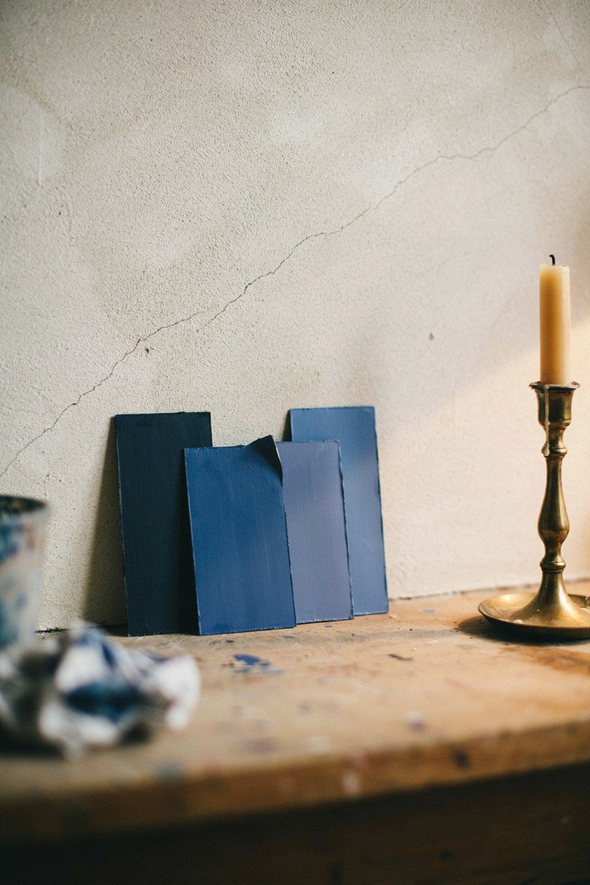 Three deep blue paint sample cards propped against plaster inside an alcove