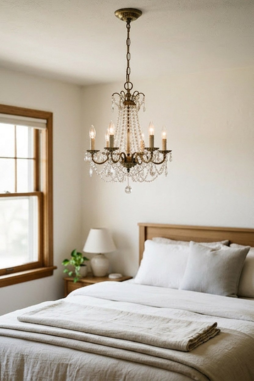 A mini chandelier scaled for a smaller bedroom