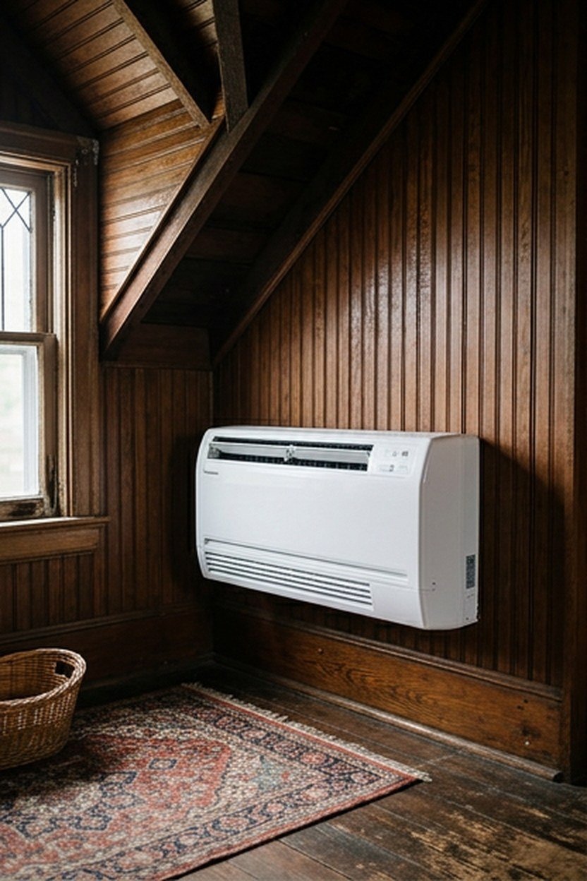 A discreet mini split climate control unit in a Victorian attic
