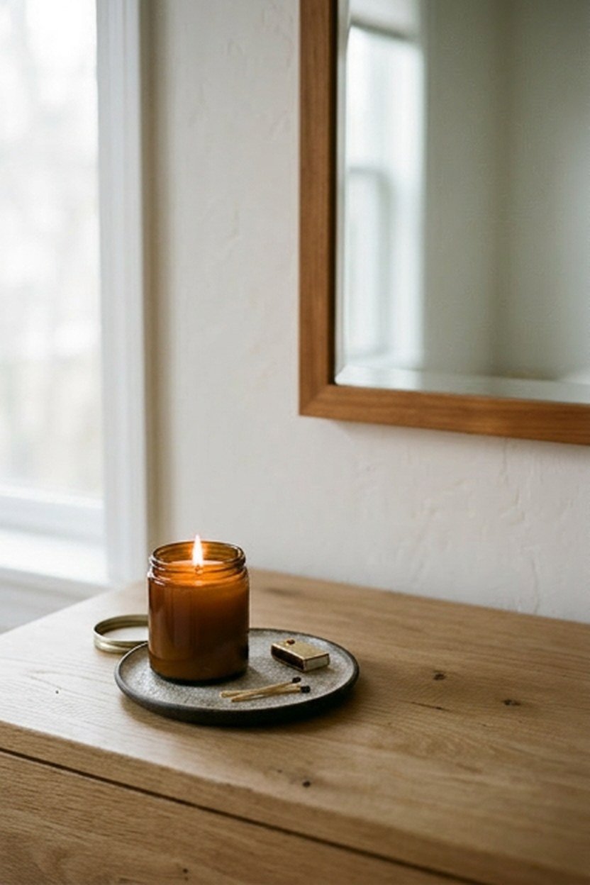 A minimal uncluttered dresser top styled in a luxury bedroom
