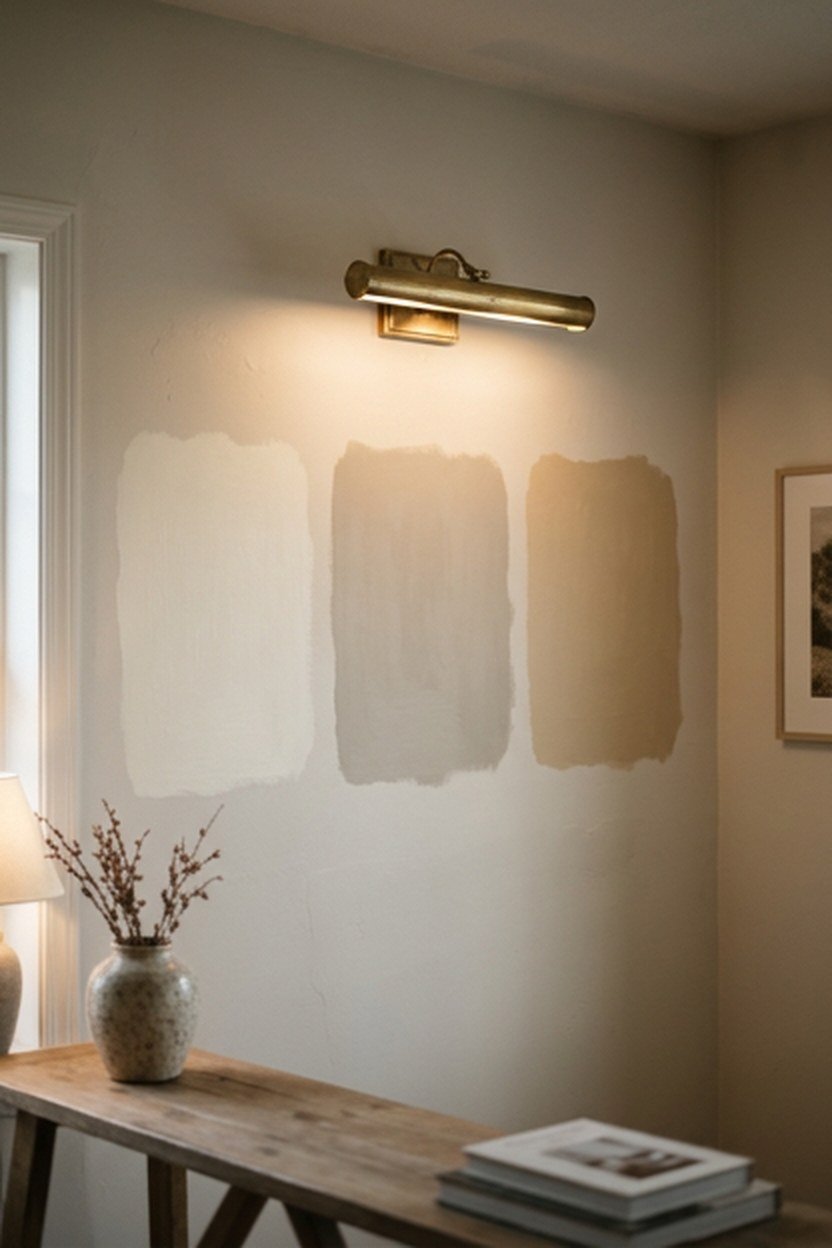 Large painted swatches testing warm undertones on a minimalist living room wall