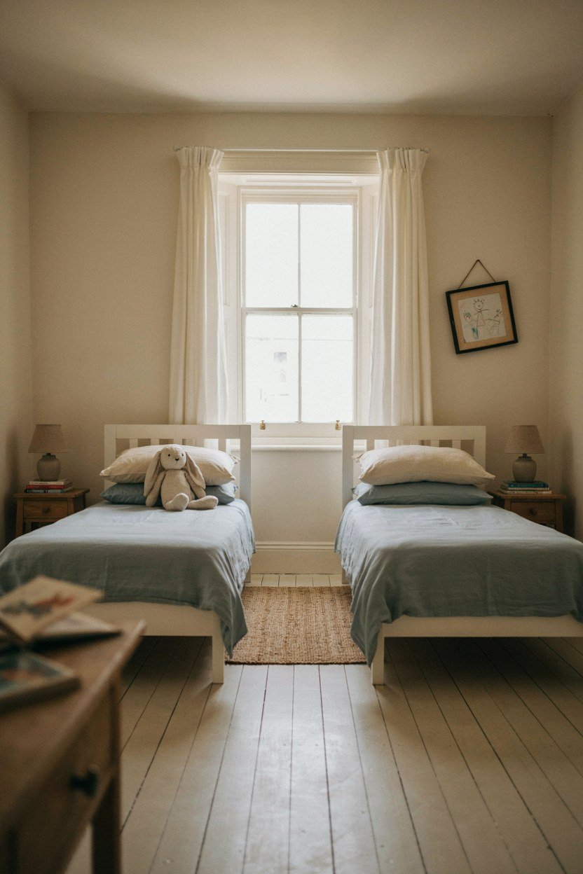 Two identical beds mirrored either side of a bedroom window