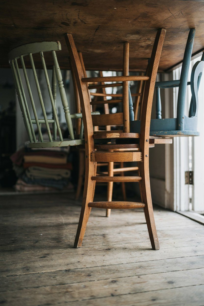 Four mismatched wooden chairs pulled up around a reclaimed wood table