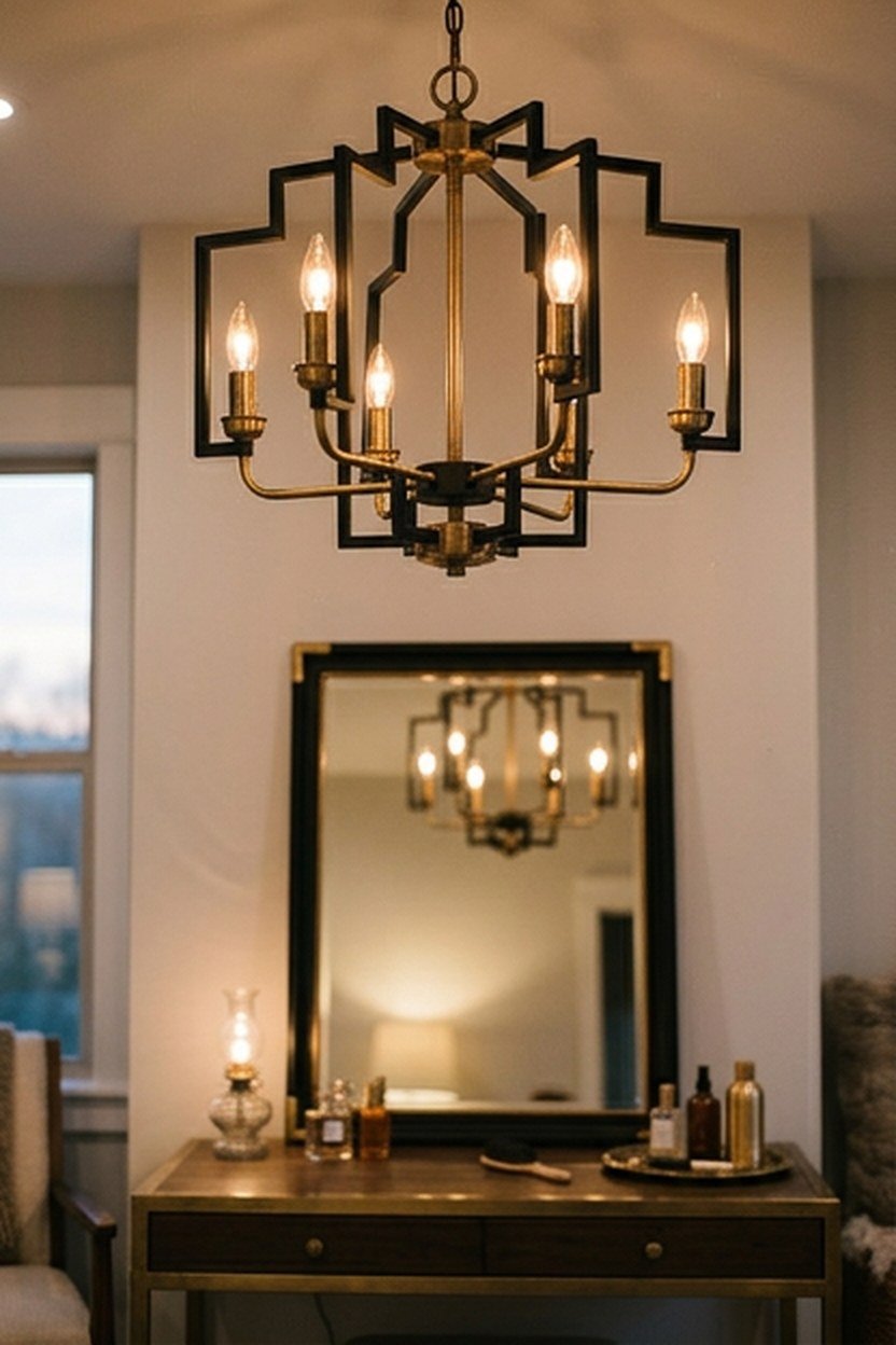 A chandelier combining black and brass mixed metal finishes
