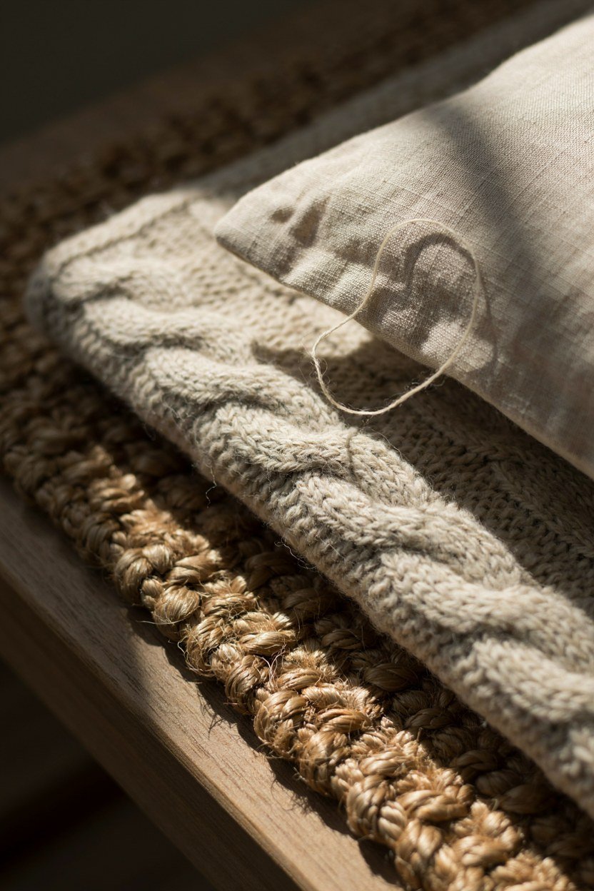 Jute, chunky knit and fine linen shown together as three weave weights