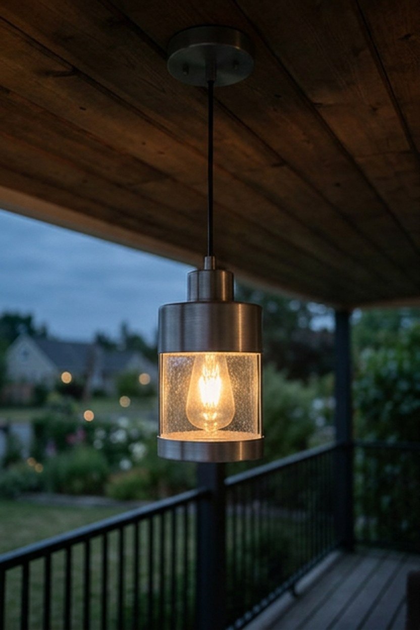 Modern grey outdoor pendant lighting hanging on a porch ceiling