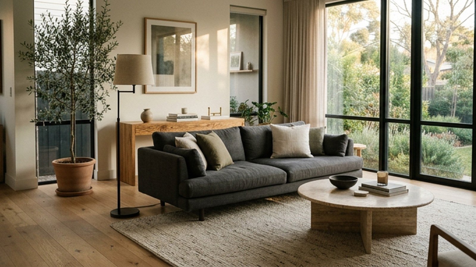 Modern living room design with a floated linen sofa, oak console and travertine table