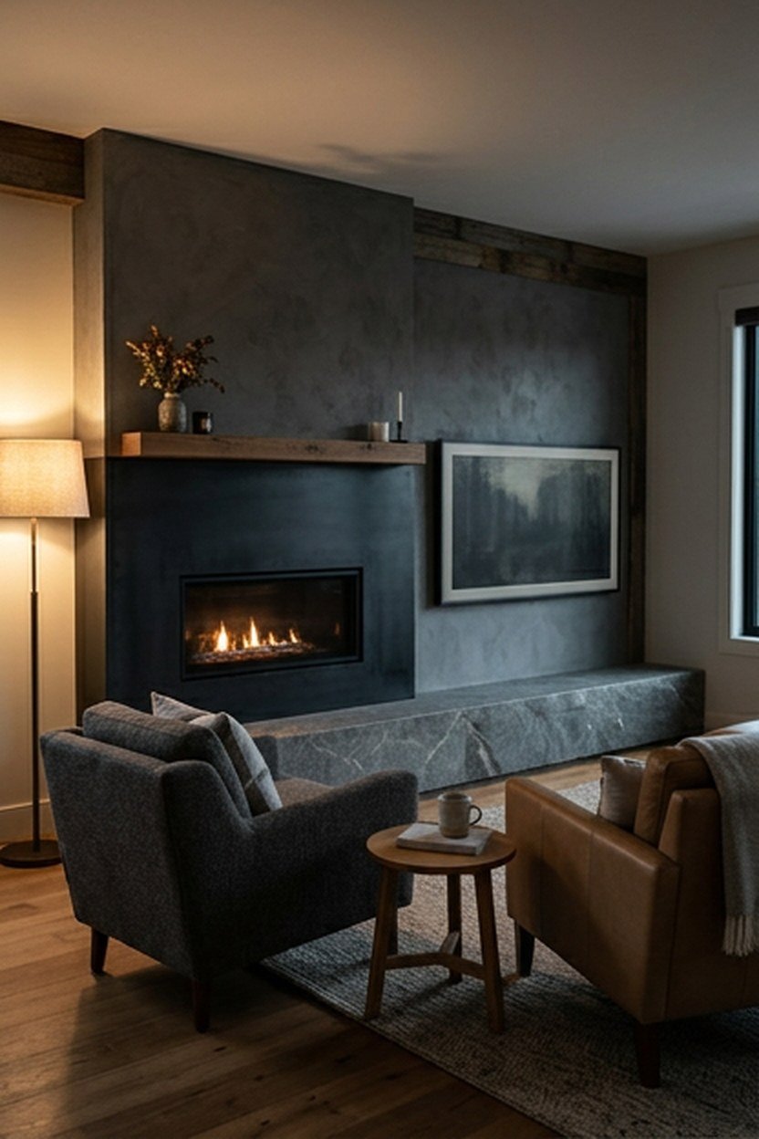 Modern living room with the fireplace and television sharing one focal wall