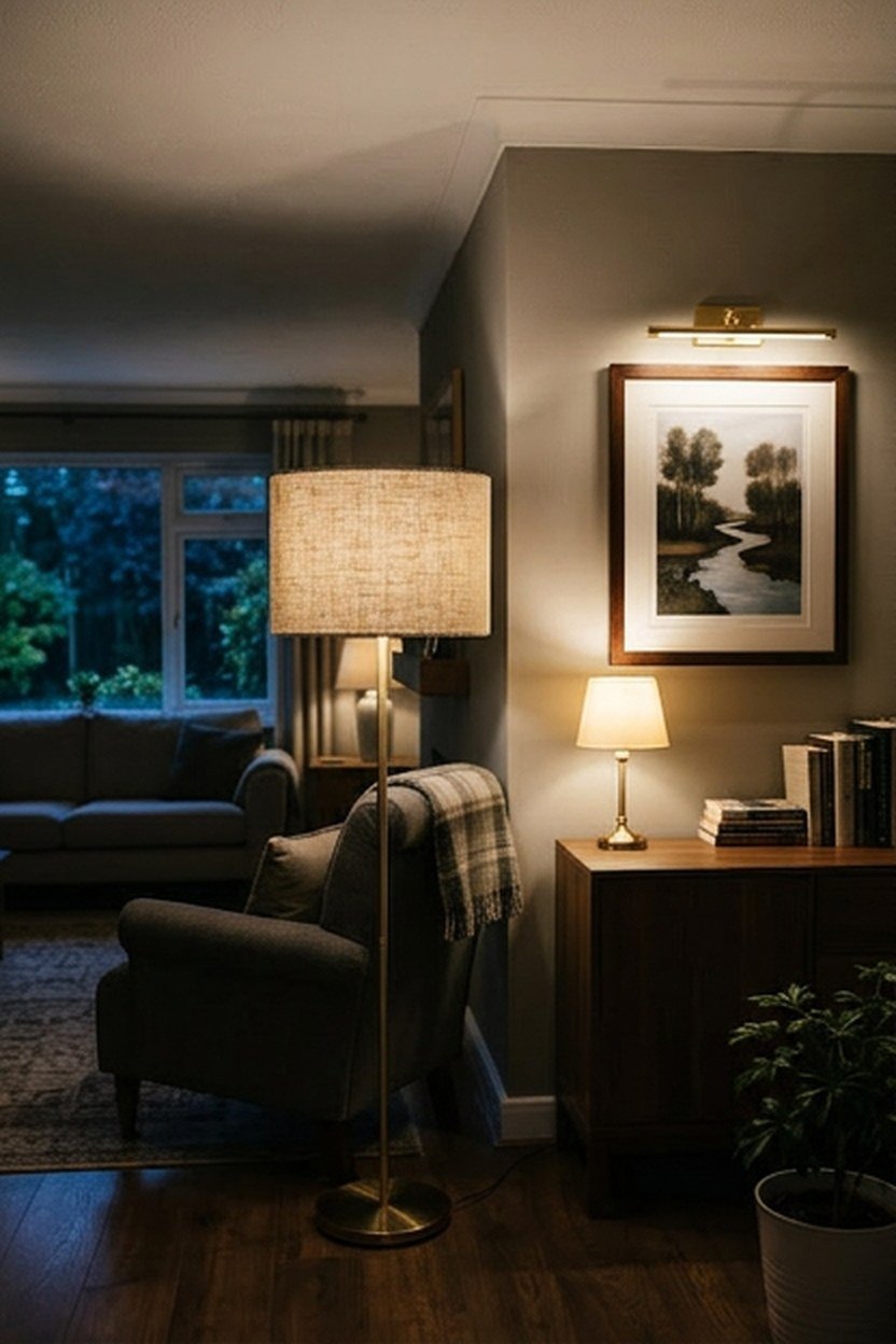 Modern living room design lit in layers with floor, table and picture lights