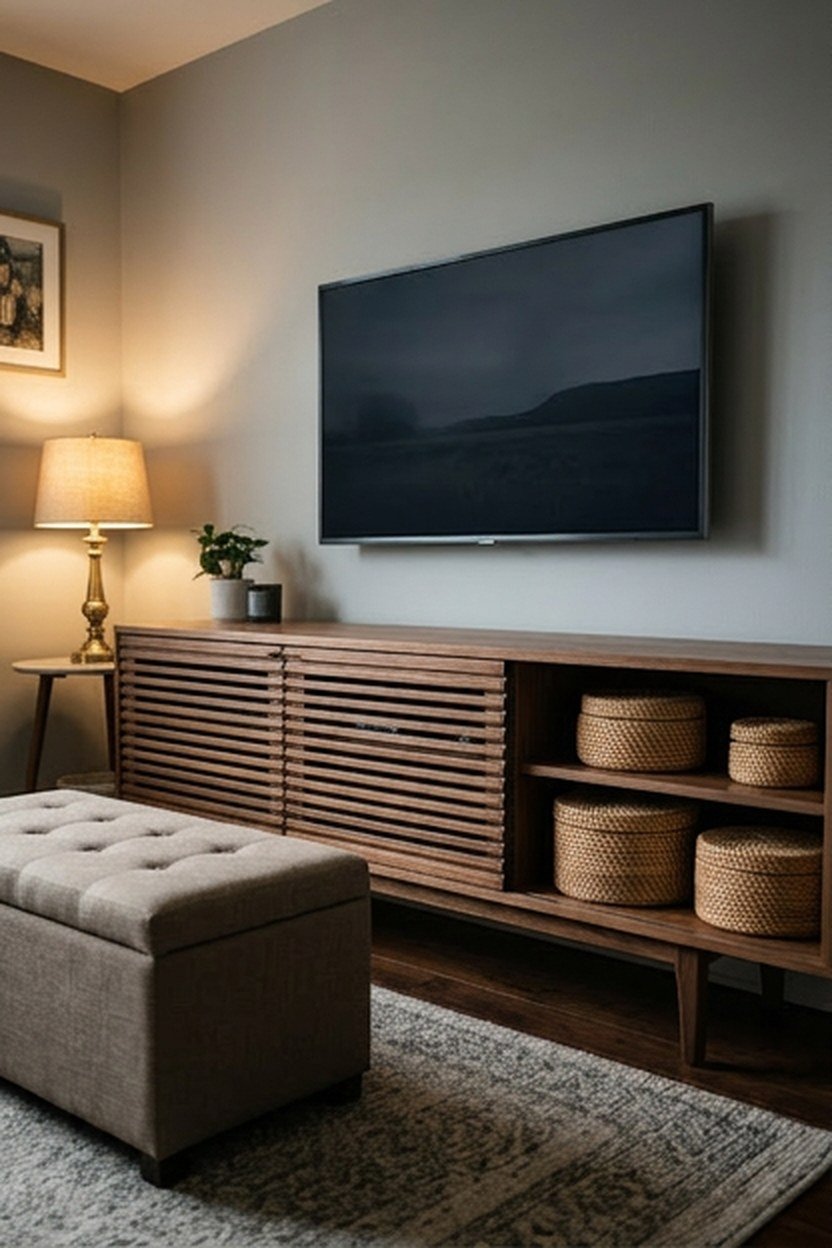 Low walnut media unit and lidded boxes keeping a modern living room tidy