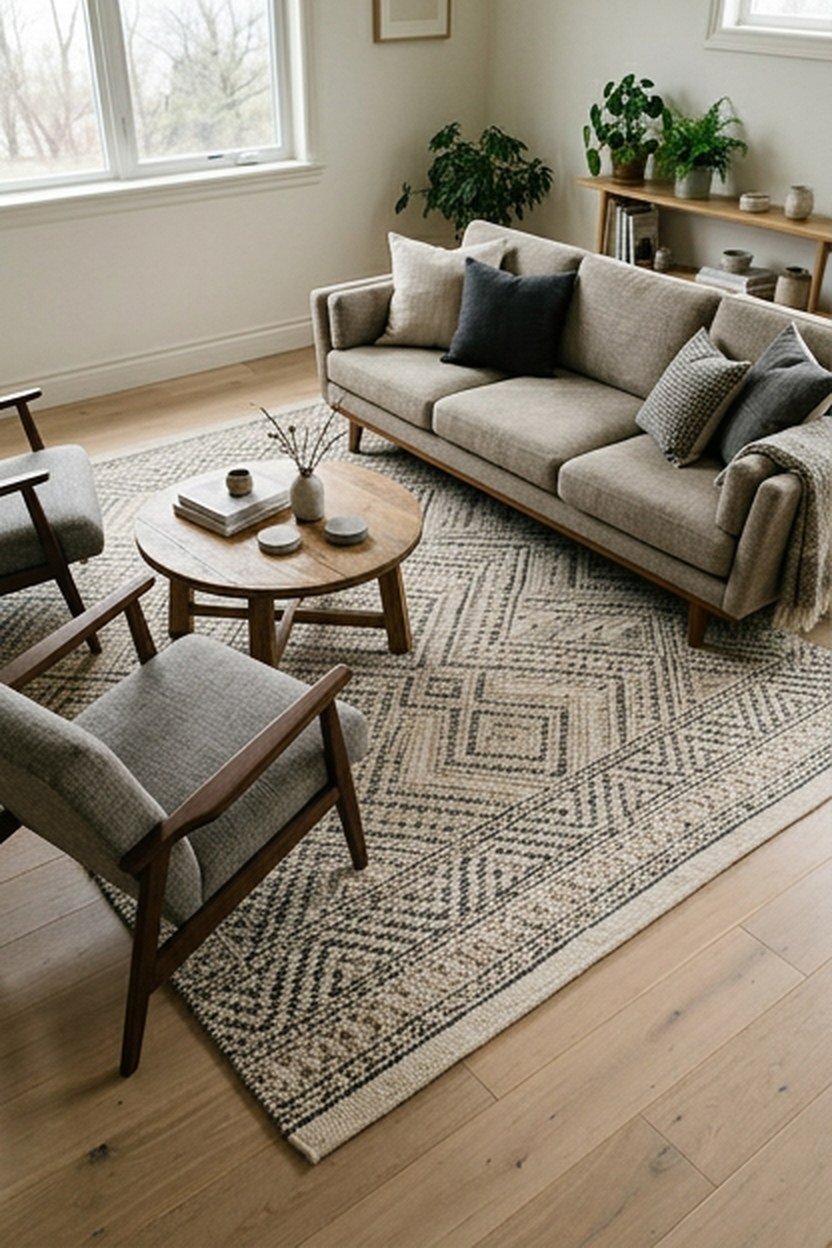 Large flat-weave rug anchoring every seat in a modern living room