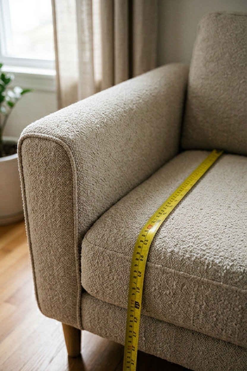 Measuring the seat depth of a slim modern living room sofa in boucle