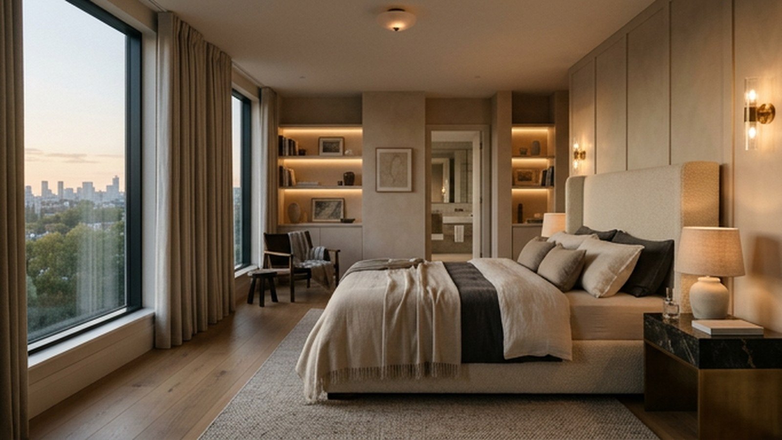 A high end modern luxury bedroom with an upholstered bed and layered lighting