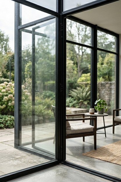 A modern minimalist sunroom addition with thin black metal framed glass panels