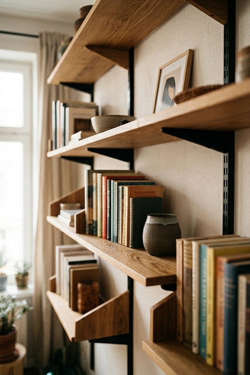 A modular shelving system with adjustable components in a library