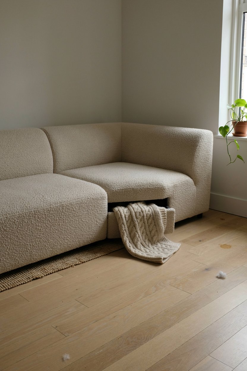 Modular sofa sections arranged around a corner in a compact living room
