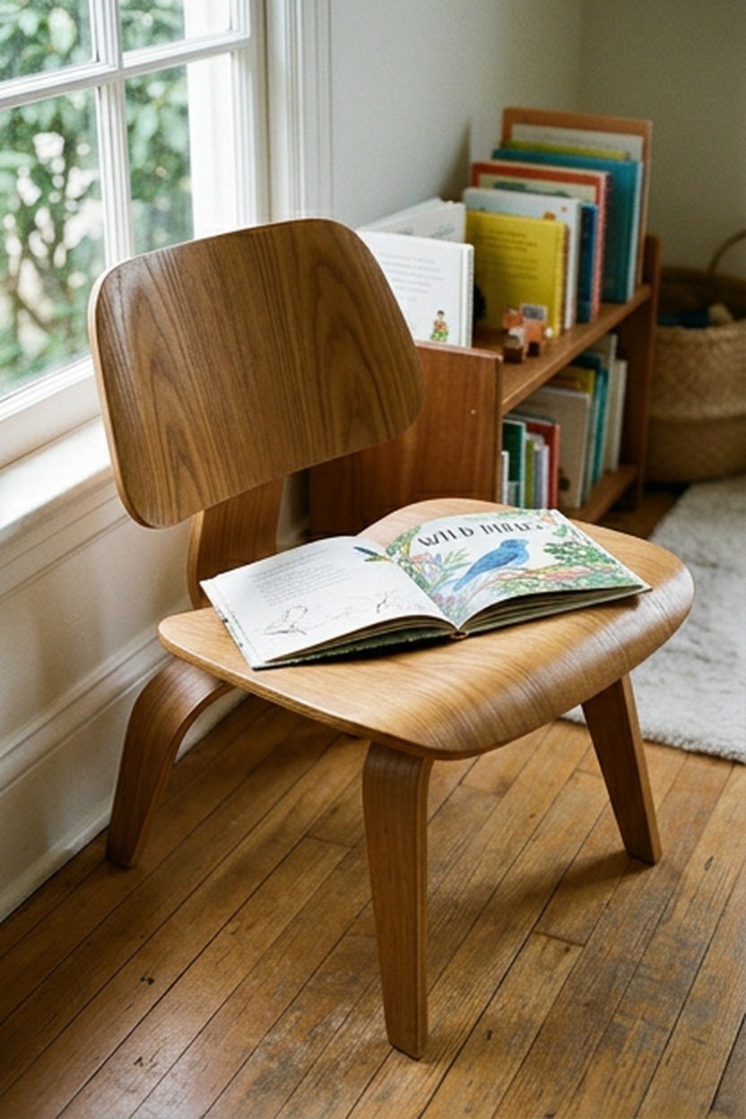 A child sized molded plywood chair in a reading corner