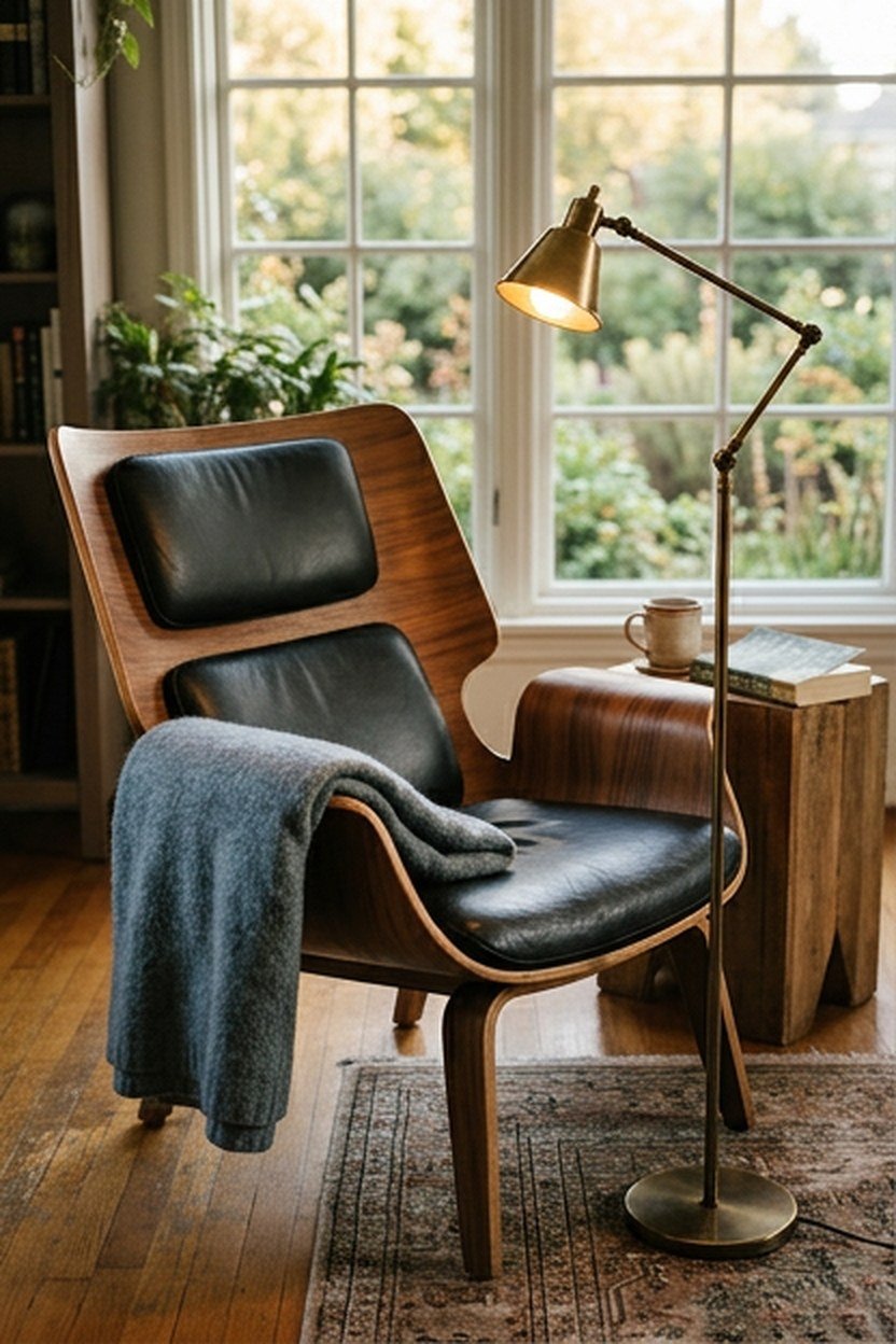 A sculptural molded plywood reading chair in a library corner
