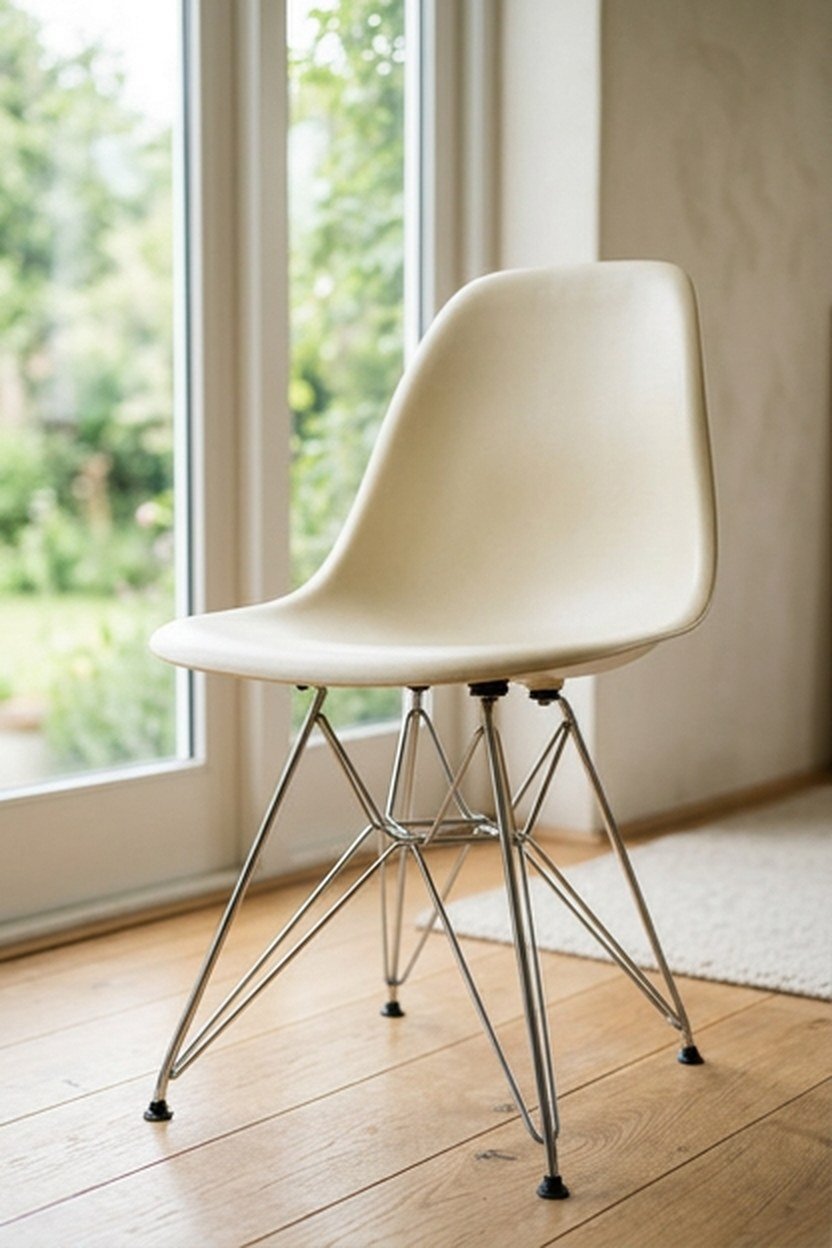 A molded plastic shell chair on a wire base