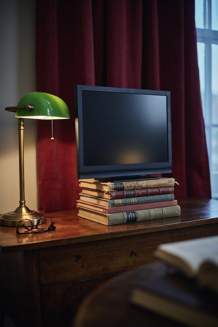 Monitor raised on a stack of cloth bound books on a period desk