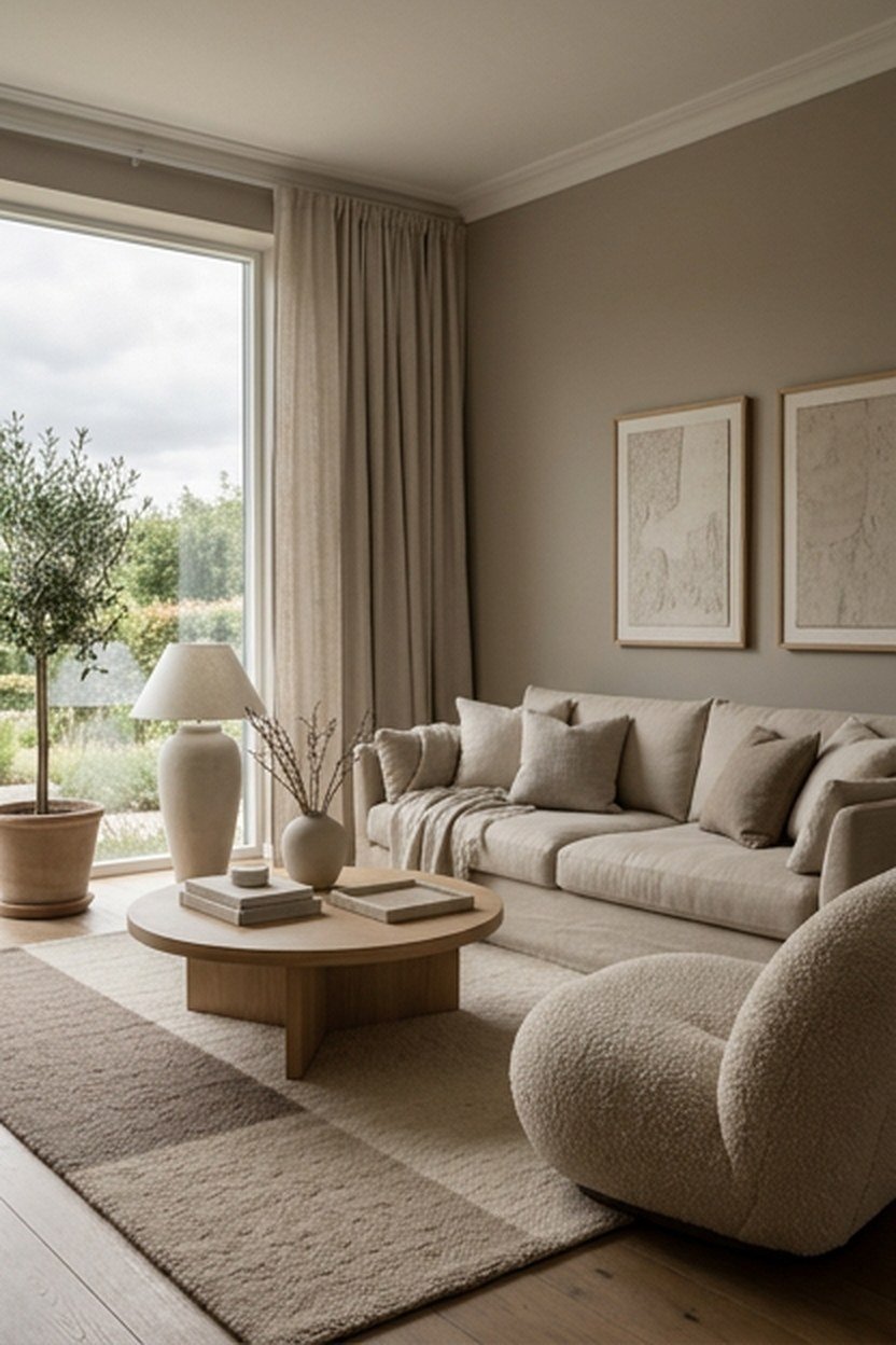 Layered monochrome beige living room in oat, sand and taupe tones